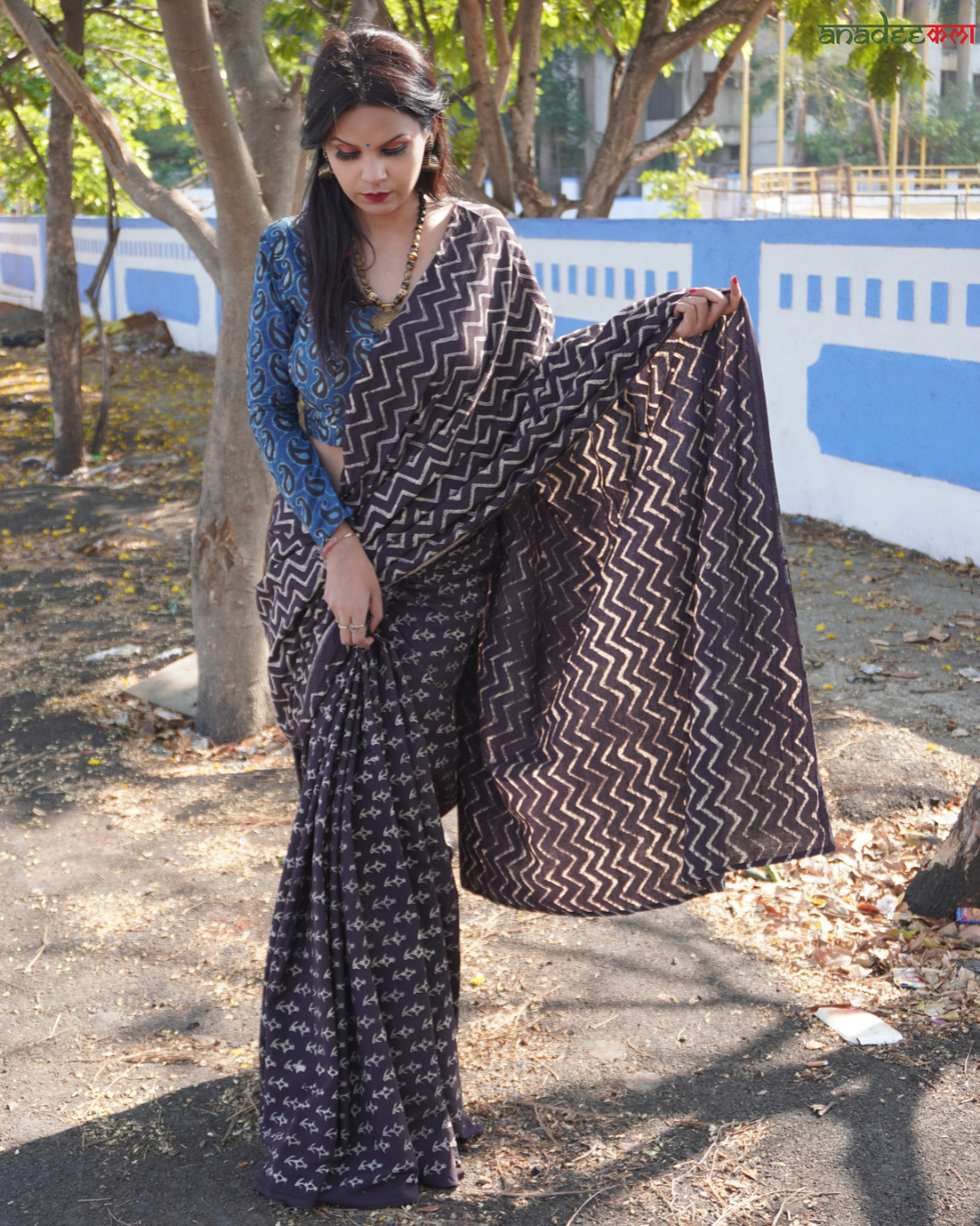 Zig-Zag Black Queen - Ajrakh Saree