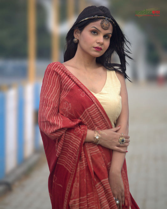Modern Lotus Saree - Brick Red