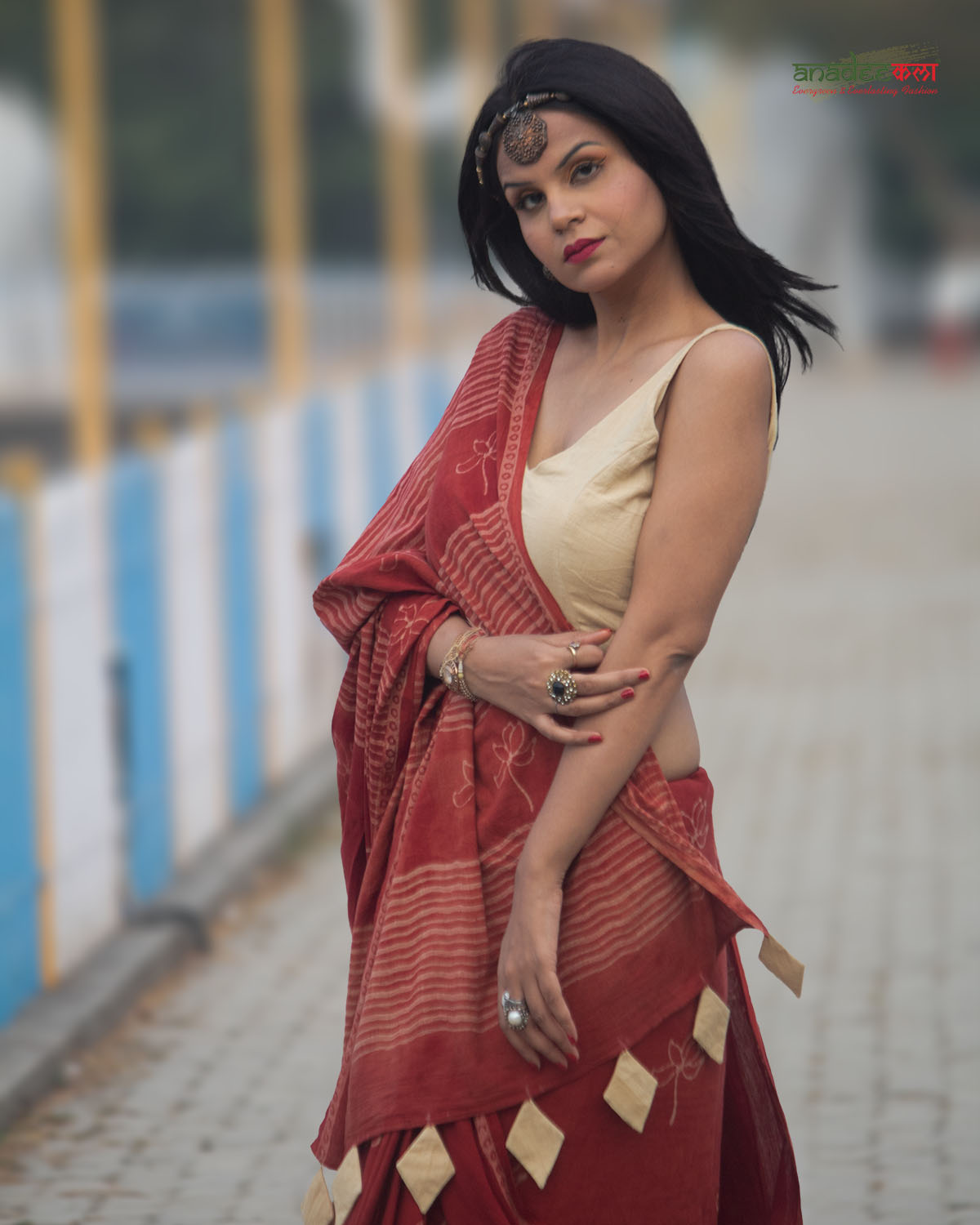 Modern Lotus Saree - Brick Red