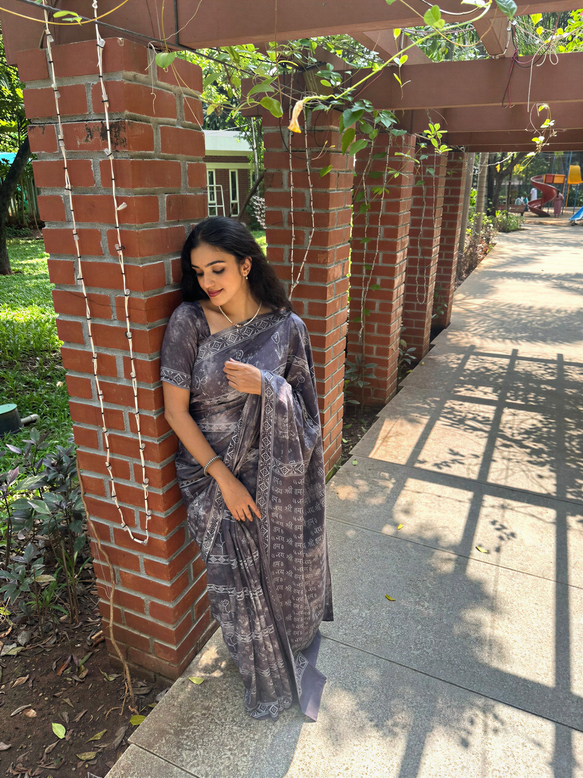Jay Shree Ram Grey Tie & Dye Saree: Hand Block Printed Pure Cotton Saree by Anadeekala