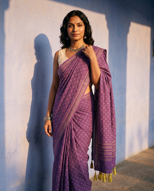 The Mulberry Bloom Saree – Purple Cotton Handblock Print