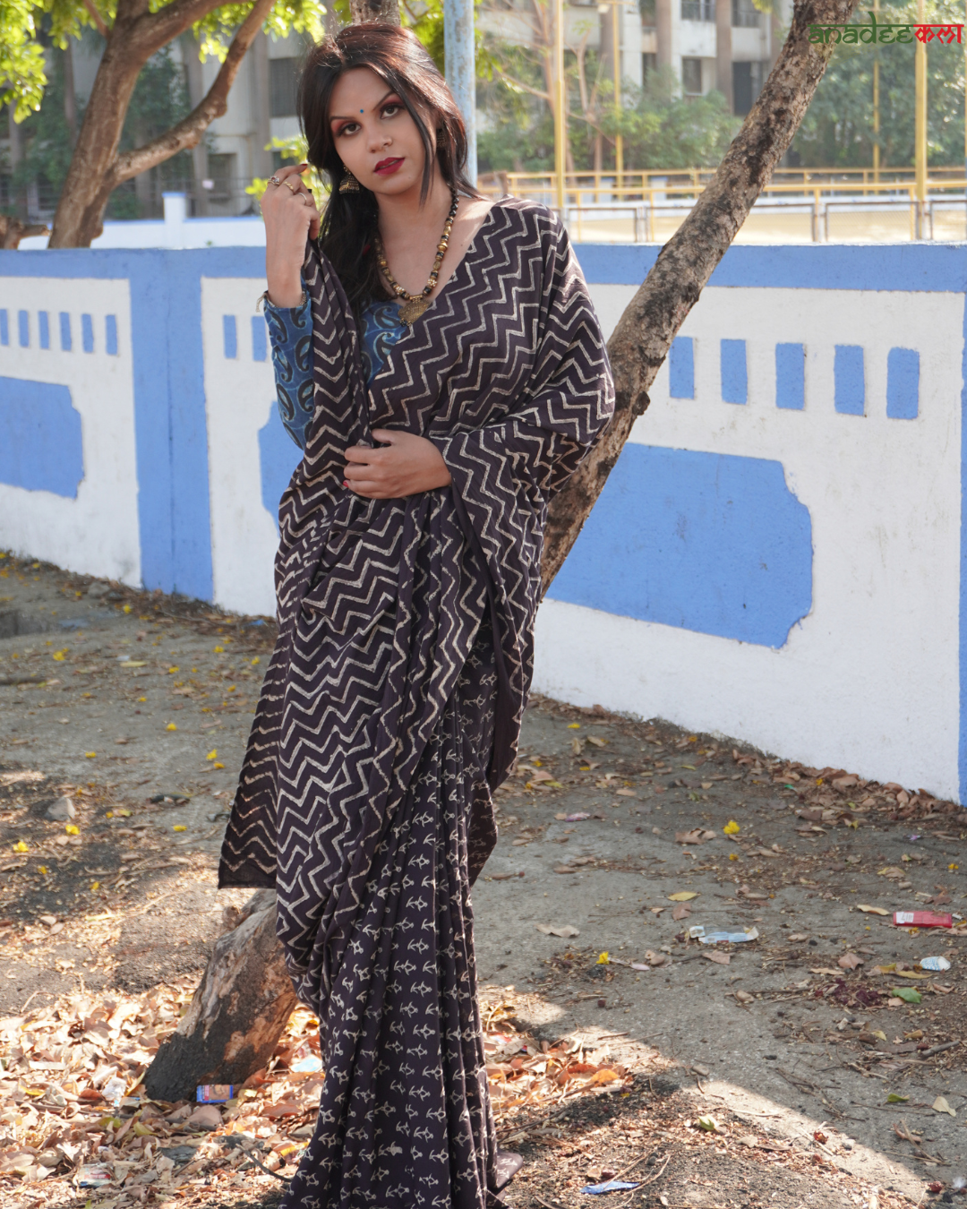 Zig-Zag Black Queen - Ajrakh Saree