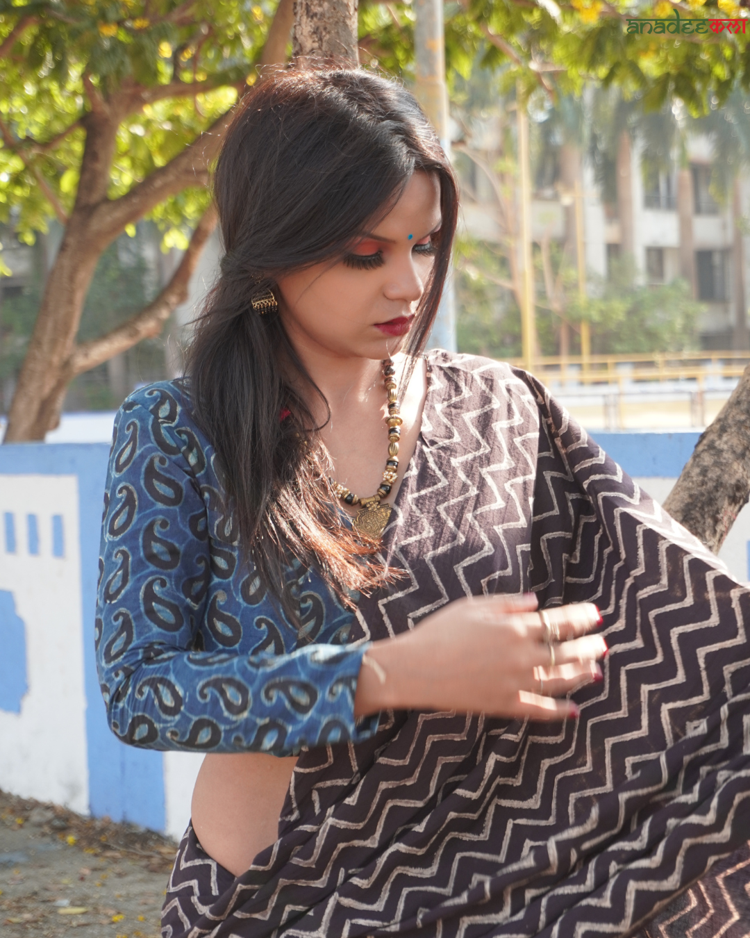 Zig-Zag Black Queen - Ajrakh Saree