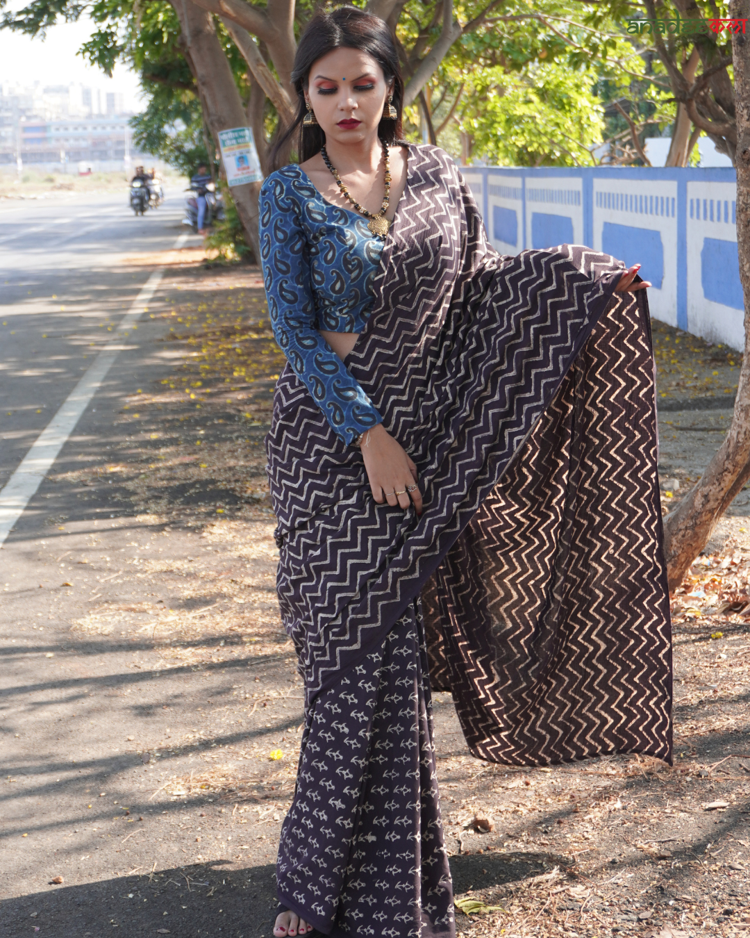 Zig-Zag Black Queen - Ajrakh Saree
