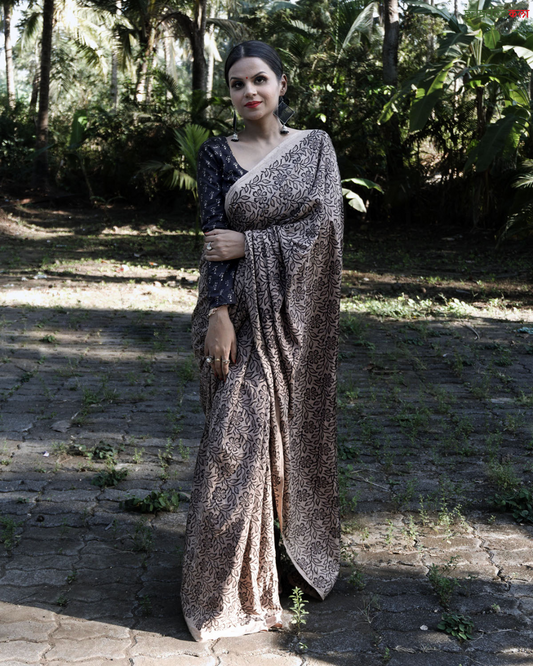 Floral Silhouettes - Ajrakh Saree