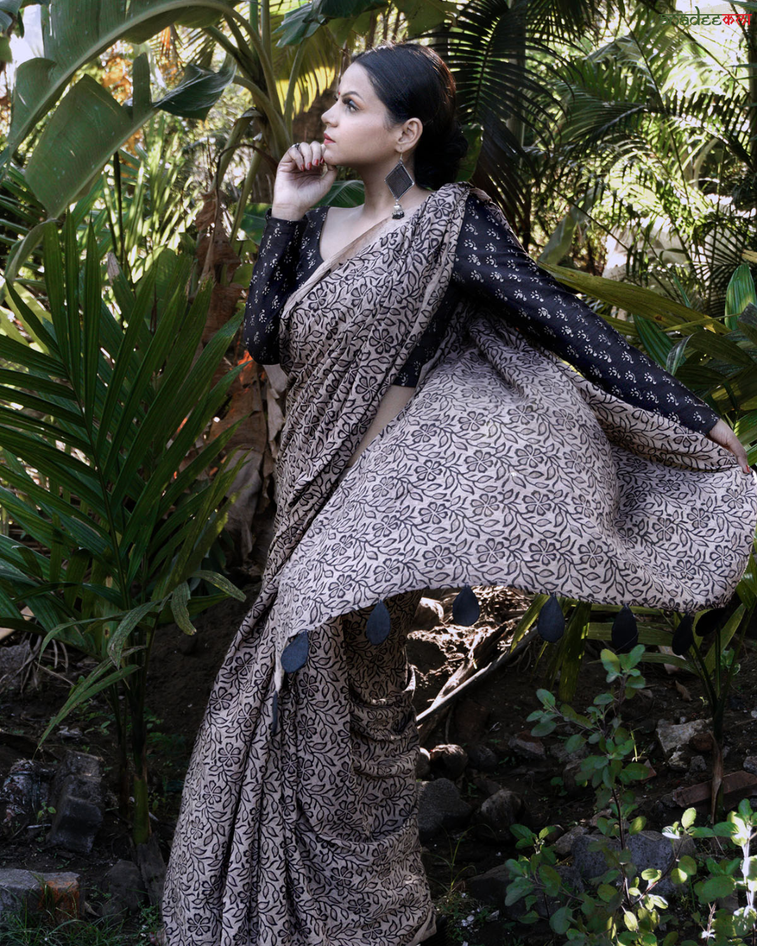 Floral Silhouettes - Ajrakh Saree