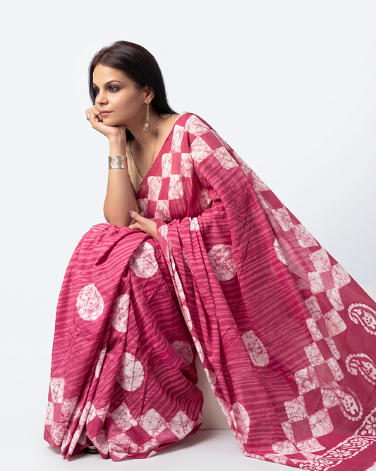 Anadeekala Pink Handblock Print Saree with Geometric Print