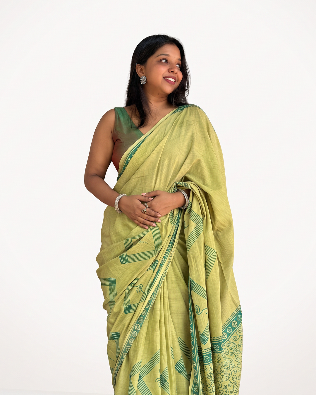Olive Green Handblock Print Saree with Geometric Motifs