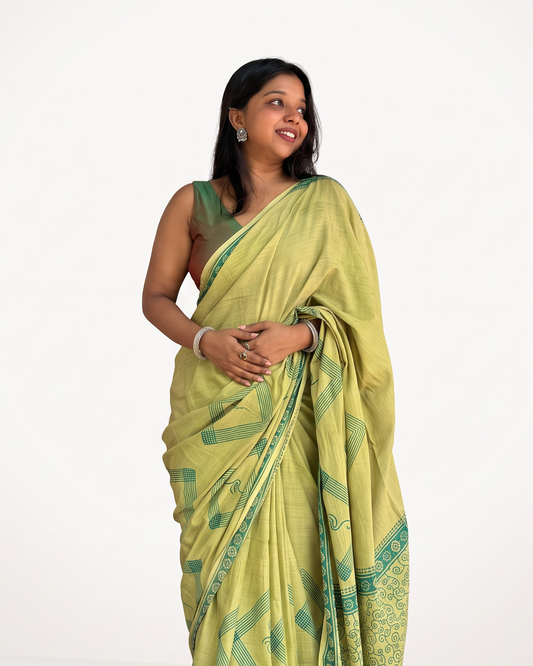 Olive Green Handblock Print Saree with Geometric Motifs