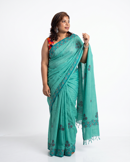 Turquoise Handblock Print Saree with Floral Motifs