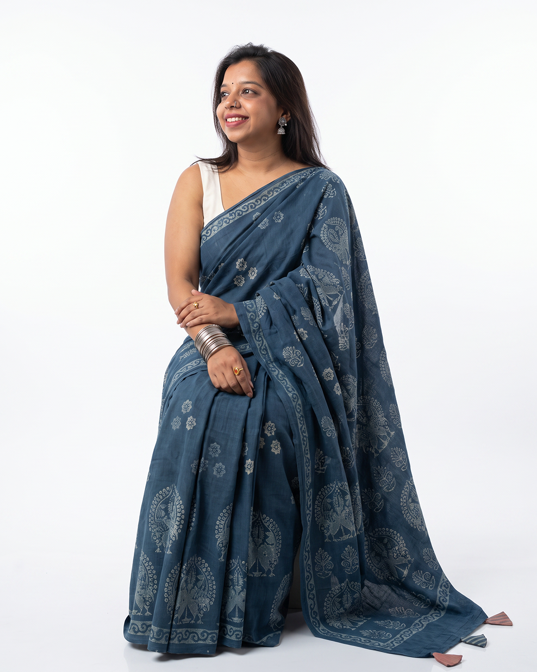 Anadeekala Blue Cotton Handblock Print Saree with Paisley Motifs
