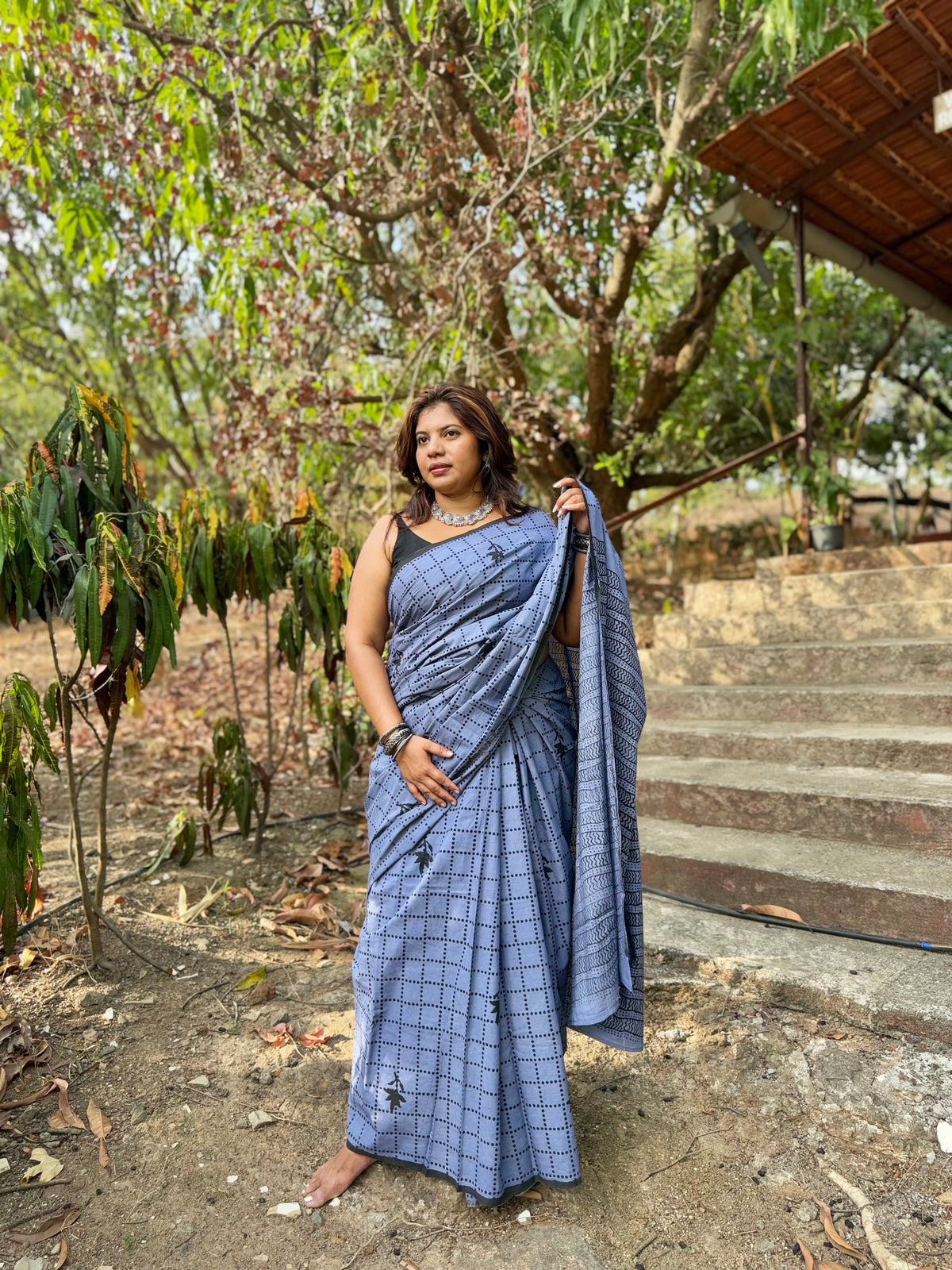 Autumn Hues – Grey Pure Cotton Handblock Print Saree