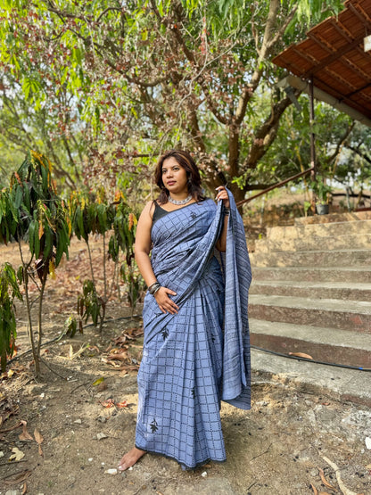 Autumn Hues – Grey Pure Cotton Handblock Print Saree