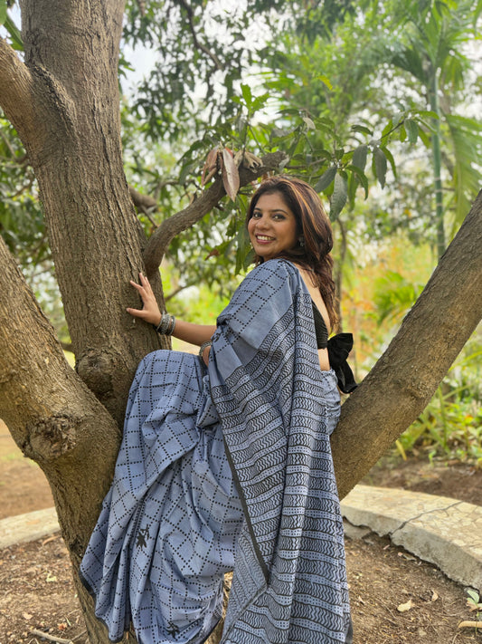 Autumn Hues – Grey Pure Cotton Handblock Print Saree