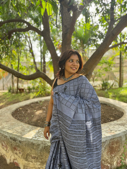 Autumn Hues – Grey Pure Cotton Handblock Print Saree