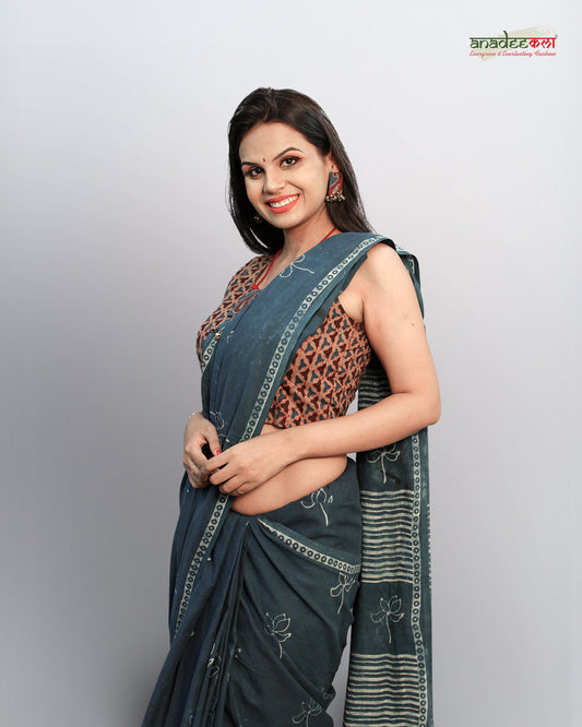 Modern Lotus Saree - Indigo Organic Charm