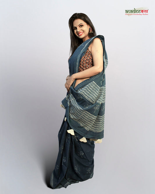 Modern Lotus Saree - Indigo Organic Charm