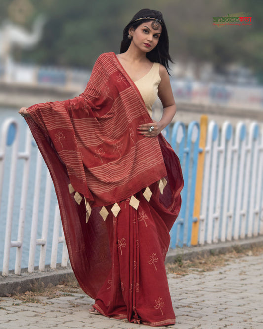Modern Lotus Saree - Brick Red