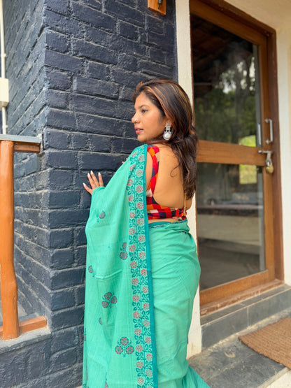The Paanvel Saree – Sea Green Floral Cotton Block Print