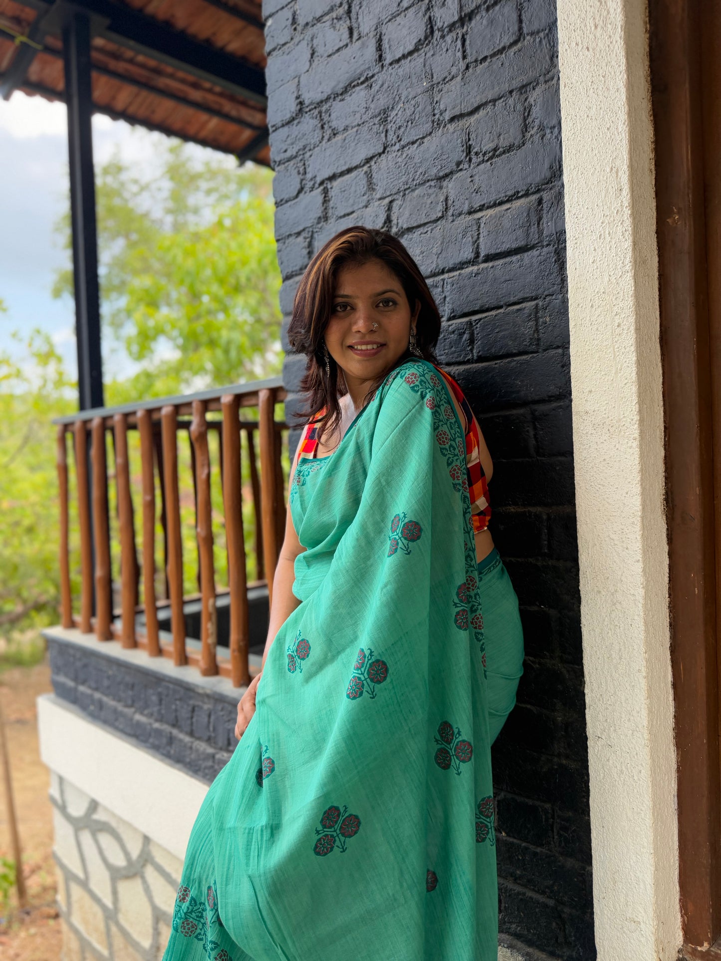 Turquoise Handblock Print Saree with Floral Motifs