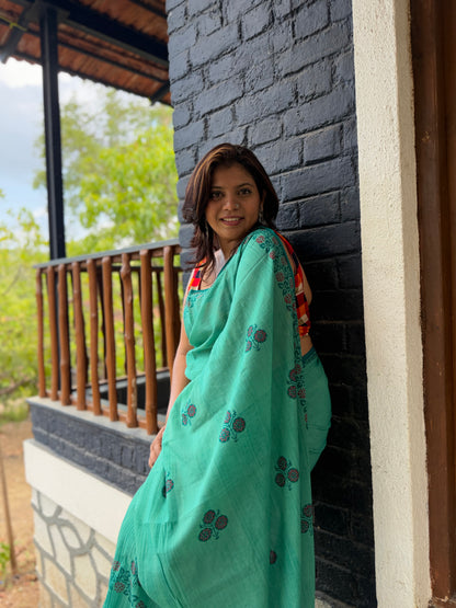 Turquoise Handblock Print Saree with Floral Motifs