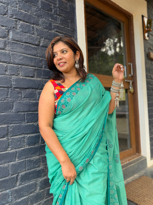 The Paanvel Saree – Sea Green Floral Cotton Block Print