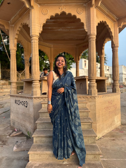Anadeekala Blue Cotton Handblock Print Saree with Paisley Motifs