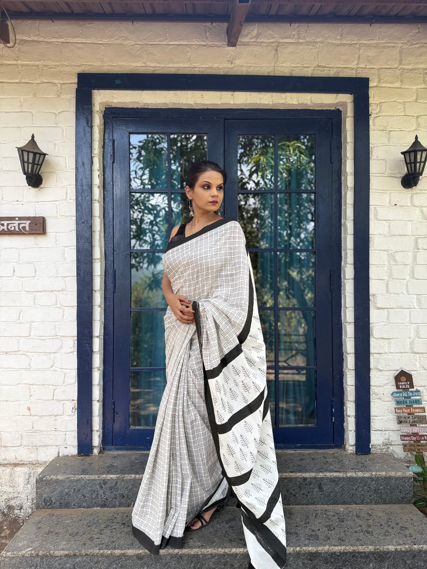The Shatranj Saree – Off-White Checkered Cotton Block Print