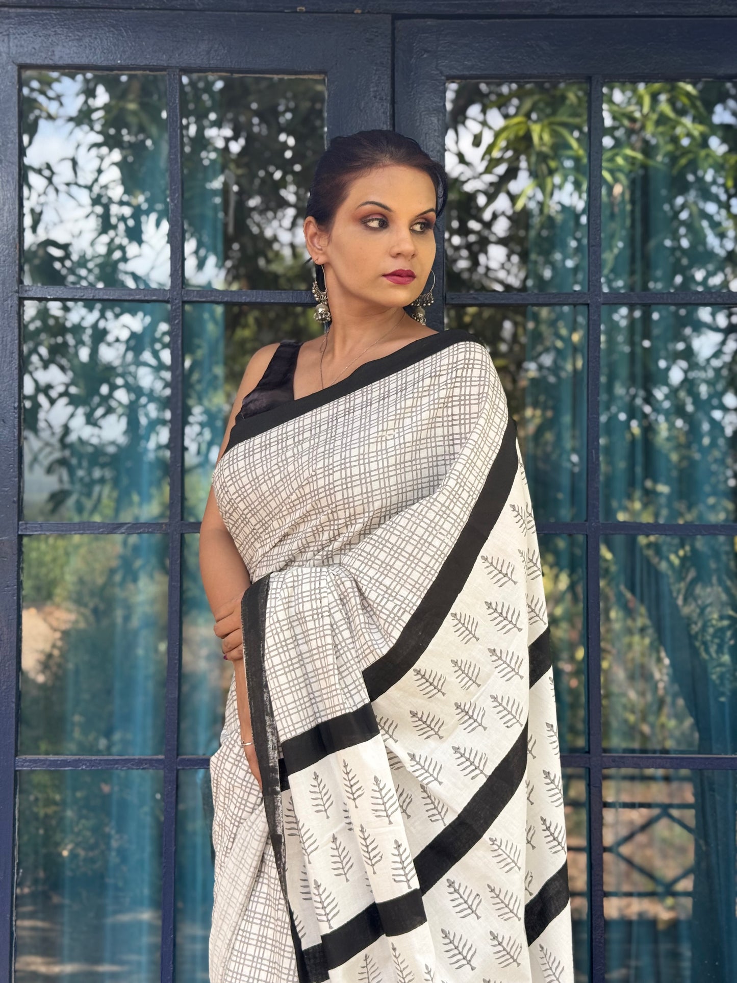 The Shatranj Saree – Off-White Checkered Cotton Block Print