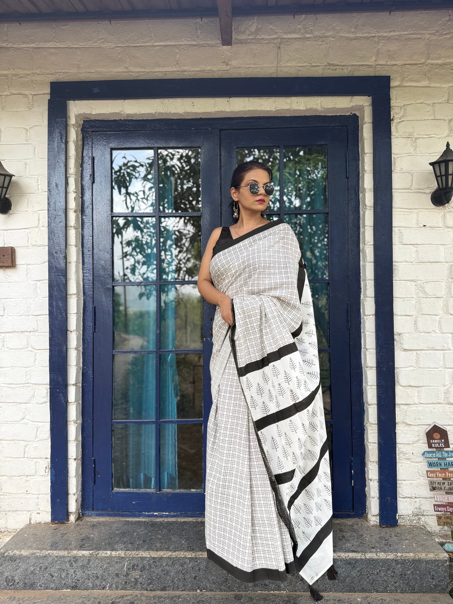 The Shatranj Saree – Off-White Checkered Cotton Block Print