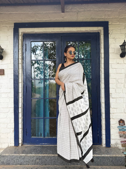 The Shatranj Saree – Off-White Checkered Cotton Block Print