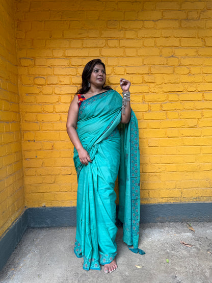 Turquoise Handblock Print Saree with Floral Motifs