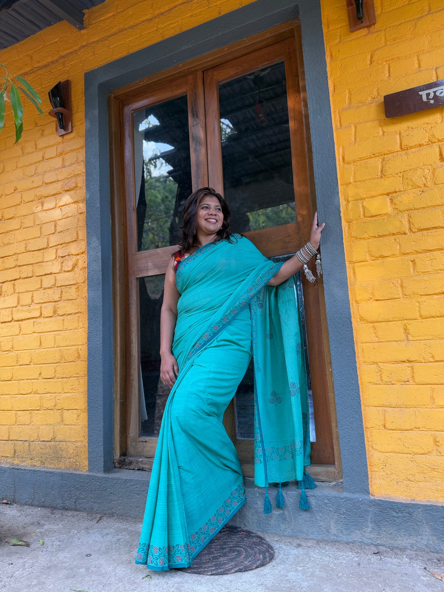 Turquoise Handblock Print Saree with Floral Motifs