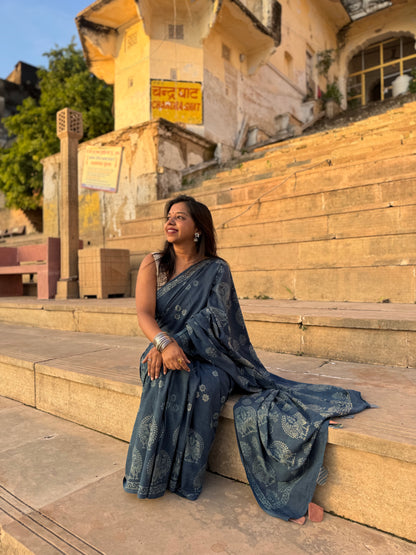 Anadeekala Blue Cotton Handblock Print Saree with Paisley Motifs
