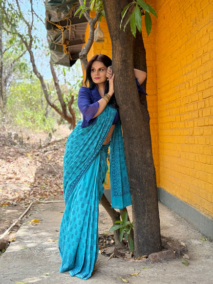 Neelanjali – Anadeekala Sea Blue Pure Cotton Handblock Saree