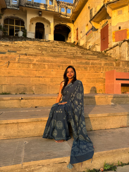 Anadeekala Blue Cotton Handblock Print Saree with Paisley Motifs