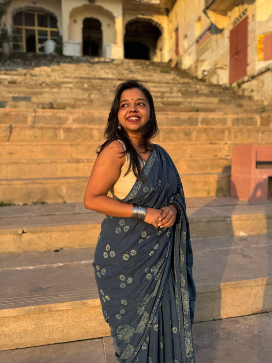 The Peacock Grove Saree – Indigo Ajrakh Cotton