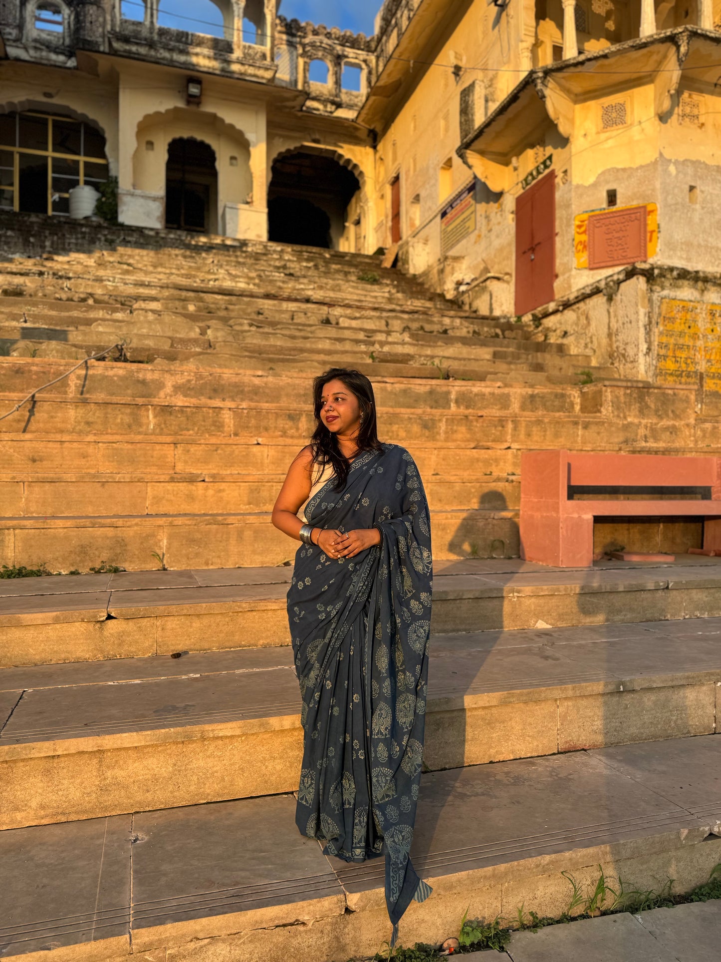 Anadeekala Blue Cotton Handblock Print Saree with Paisley Motifs