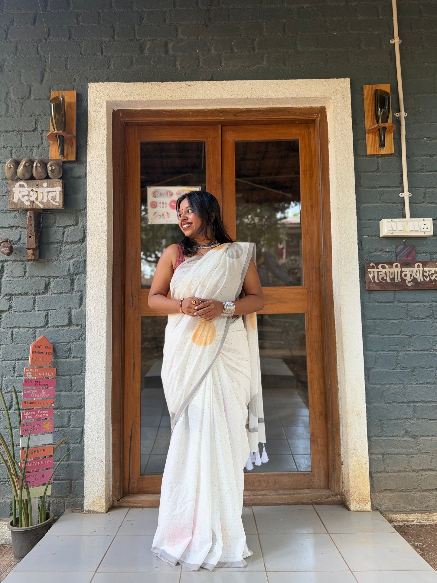 Whispering Dots – Anadeekala Off-White Pure Cotton Handblock Saree