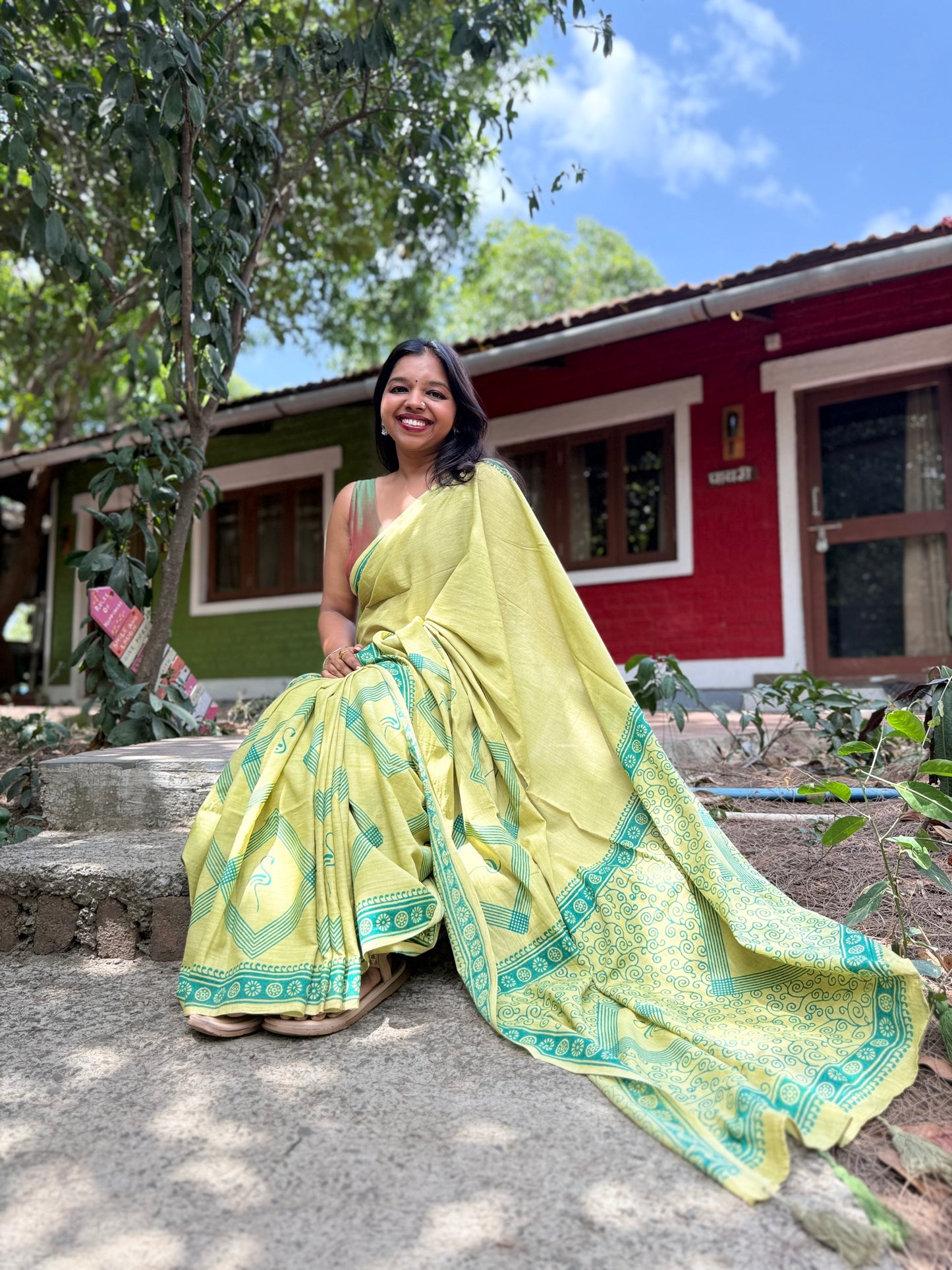Olive Green Handblock Print Saree with Geometric Motifs