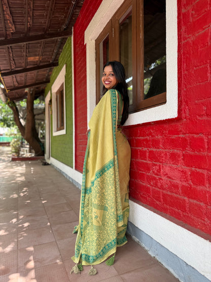 Olive Green Handblock Print Saree with Geometric Motifs