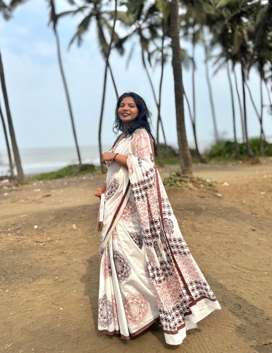 Mandala Theory – Anadeekala Off-White Pure Cotton Handblock Saree