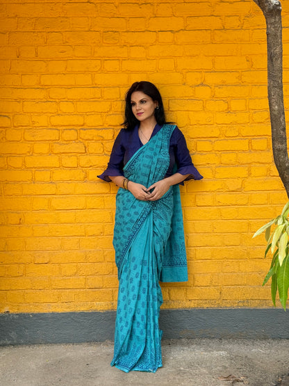 Neelanjali – Anadeekala Sea Blue Pure Cotton Handblock Saree