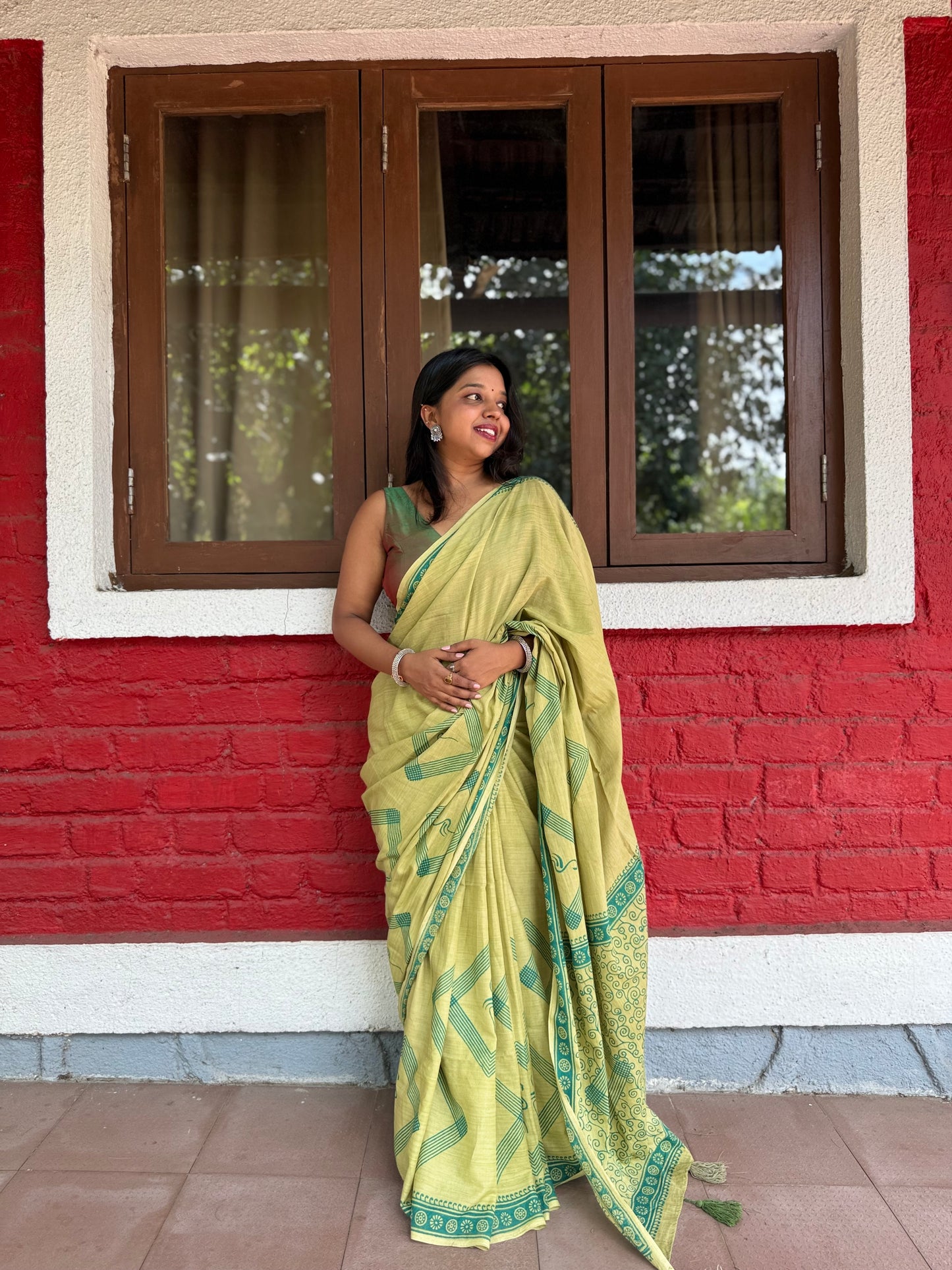 Olive Green Handblock Print Saree with Geometric Motifs