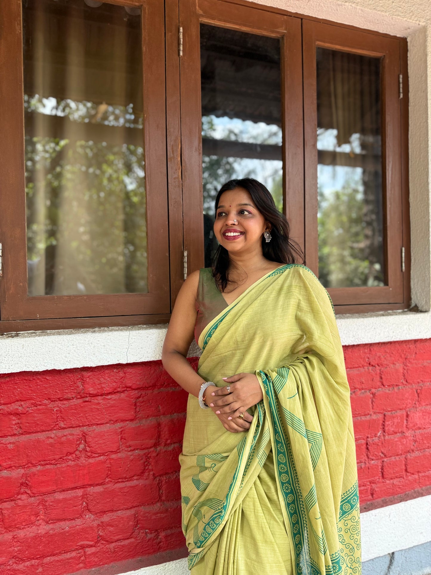 Olive Green Handblock Print Saree with Geometric Motifs