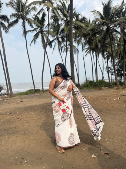 Mandala Theory – Anadeekala Off-White Pure Cotton Handblock Saree