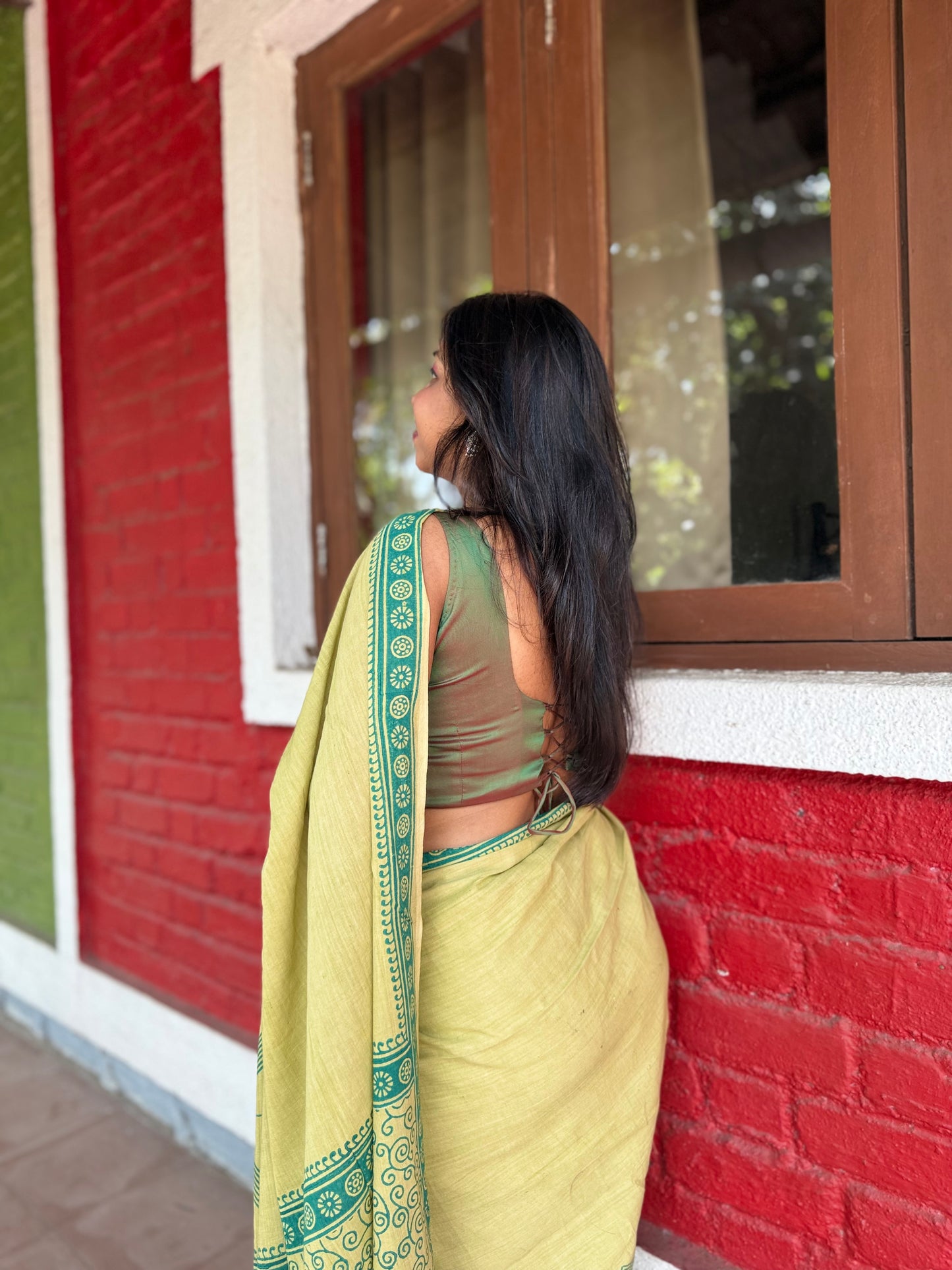 Olive Green Handblock Print Saree with Geometric Motifs