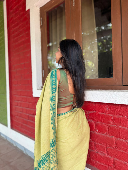 Olive Green Handblock Print Saree with Geometric Motifs