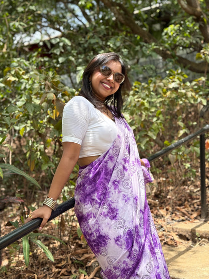The Lavender Bloom Saree – Purple White Cotton Block Print