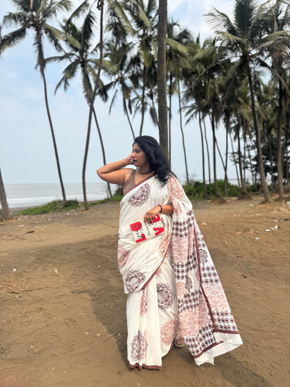 Mandala Theory – Anadeekala Off-White Pure Cotton Handblock Saree